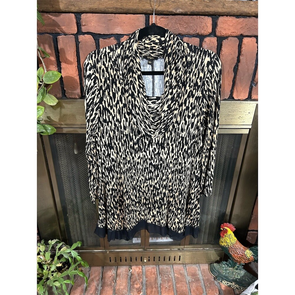 Cupio Tunic Top Womens Size L Black Tan Animal Print Cowl Neck Long Sleeve